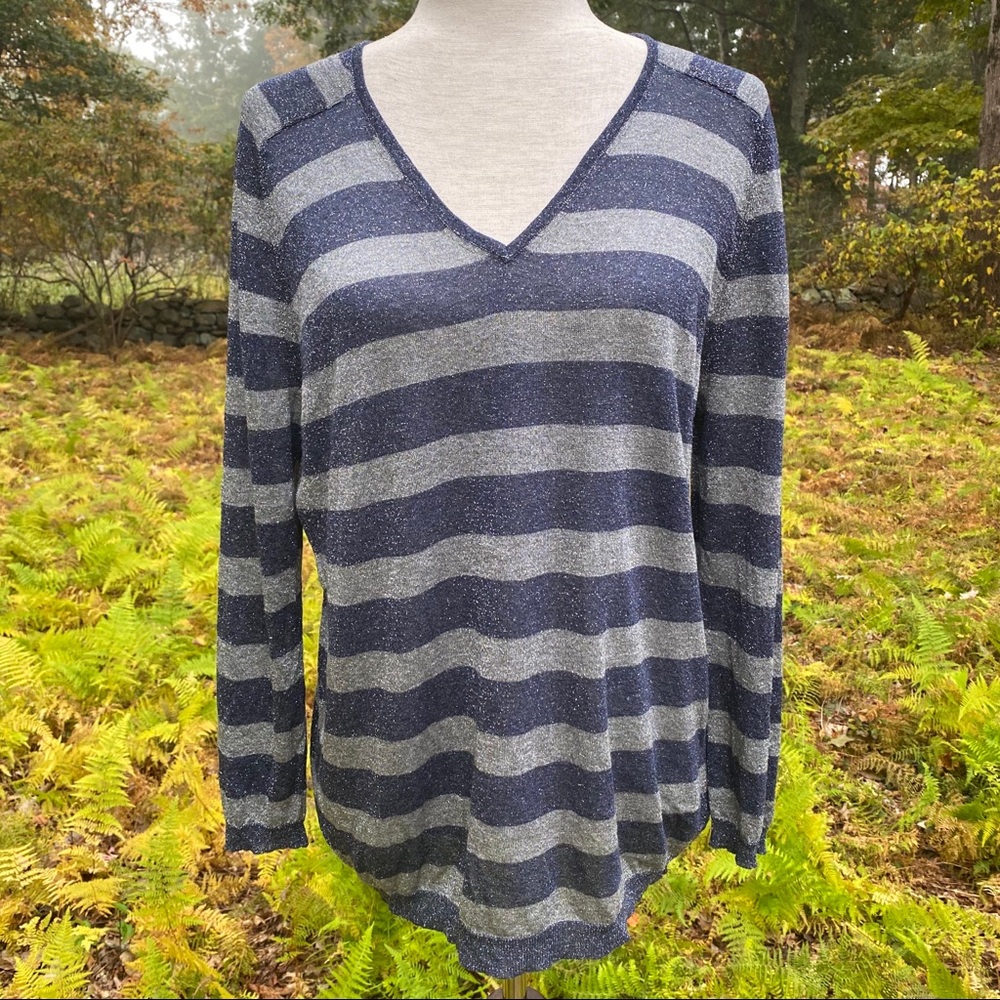 GERARD DAREL TOP V-NECK BLUE SILVER STRIPE Size L